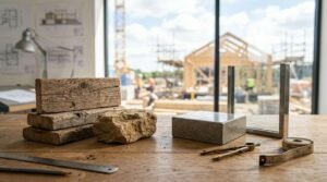 Home renovation building materials including reclaimed wood, stone, concrete, and glass samples on an architect's desk overlooking a construction site