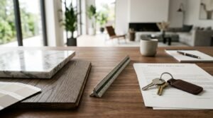 Home renovation vs selling comparison with property documents, house keys, premium material samples, and renovation planning workspace