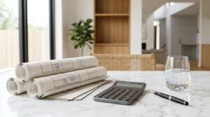 Rolled architectural blueprints, a calculator, pen, and glass of water on a marble table inside a modern home