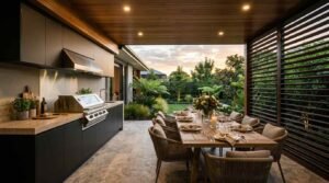 Modern outdoor kitchen and covered alfresco dining area with built-in BBQ, timber ceiling, and landscaped backyard