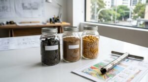 Soil sample jars with core sampling tool and geological survey map on a laboratory table