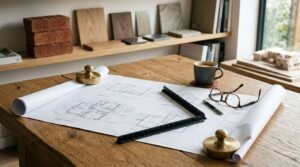 Architectural blueprints with drafting tools, eyeglasses, and a coffee cup on a wooden table in a modern design studio