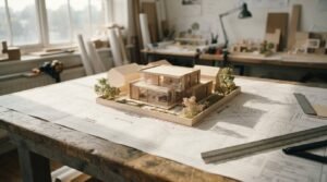 Architectural scale model of a modern home on construction blueprints in a professional design studio
