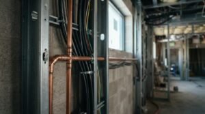 Commercial MEP installation with copper plumbing pipes, electrical conduit, and steel framing inside a building under construction