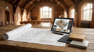 Commercial renovation planning with architectural blueprints, 3D interior design on tablet, material samples, and workspace inside a restored heritage building