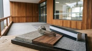 Commercial building material board with wood, concrete, fabric, door hardware, and linear lighting samples for modern architectural renovation design