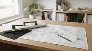 Home renovation scope planning with architectural blueprints, cabinet hardware samples, and interior design materials on a workspace desk