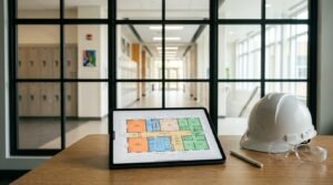 School renovation management workspace with digital floor plan on tablet, contractor hard hat, safety glasses, and modern educational facility in the background