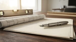 Home renovation contract with blueprints, signed documents, and architectural plans on a project planning desk