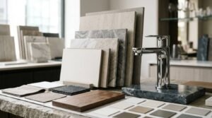 Luxury bathroom material samples with natural stone slabs, porcelain tiles, wood finishes, fabric swatches, and modern chrome faucet for bathroom renovation design