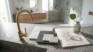 Modern bathroom renovation design featuring a brushed gold faucet, natural stone and tile samples, bathroom design sketch, and luxury interior inspiration