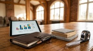 Commercial renovation budgeting workspace with project cost dashboard on tablet, material samples, notebook, measuring tape, and planning tools on a wooden table