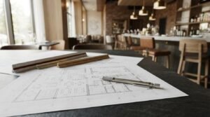 Architectural floor plan blueprint with drafting tools on a restaurant table during interior design planning