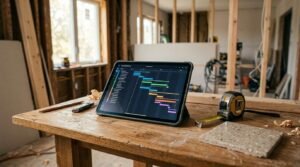 Home renovation project management tablet displaying a construction timeline on a workbench with measuring tape and tile sample