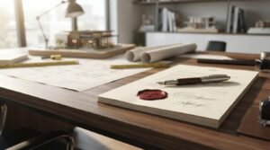 Architectural contract with signed agreement, blueprints, and building model on an architect's office desk