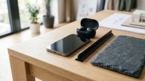 Smartphone, wireless earbuds, ruler, and natural stone tile sample on a modern wooden desk