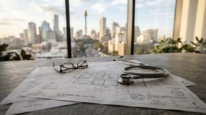 Veterinary clinic architectural plans with a stethoscope and eyeglasses overlooking a modern city skyline