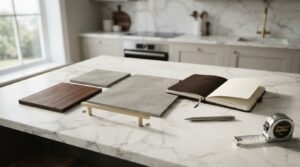 Kitchen design planning mood board on a marble countertop with tile swatches, walnut wood finish, gold cabinet pull, notebook, and tape measure