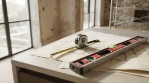 Home renovation planning with construction blueprints, measuring tape, spirit level, and remodeling tools on a countertop