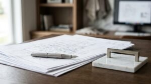Architectural blueprints with a metal fountain pen and marble paperweight on a wooden office desk