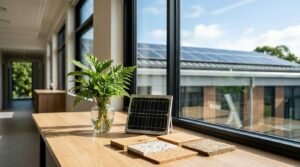 Sustainable building design featuring solar panels, eco-friendly material samples, indoor plants, and renewable energy solutions in a modern commercial building