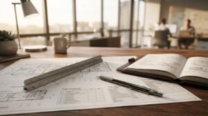 Office renovation project planning with blueprints, architectural tools, and a construction schedule on a meeting table