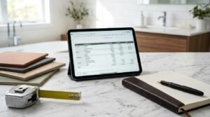 Bathroom renovation planning workspace with tablet displaying project estimate, material samples, measuring tape, and notebook on a marble countertop