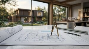 Architectural site plan with a drafting compass, ruler, and pen on a workspace overlooking a modern home