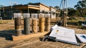 Geotechnical soil testing samples with borehole core specimens, site investigation report, and construction project in the background