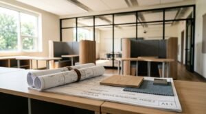 School renovation project featuring classroom floor plans, architectural blueprints, material samples, and modern collaborative learning space with glass partitions