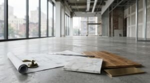 Interior renovation blueprints, material samples, and flooring options in an unfinished commercial office space