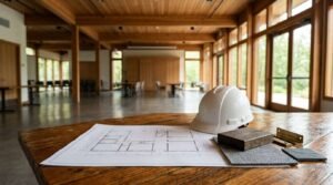 Commercial renovation planning with architectural floor plan, contractor hard hat, wood material samples, and construction hardware inside a modern timber building