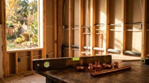 Spirit level and copper plumbing pipes resting on a wooden workbench during the rough-in framing phase of a home renovation