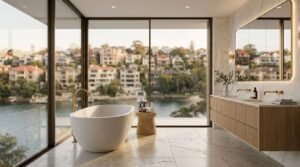 Luxury waterfront bathroom featuring a freestanding stone soaking tub, floor-to-ceiling harbor view windows, floating fluted oak double vanity, and brass wall-mounted tapware