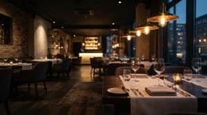 Elegant fine dining restaurant interior with warm pendant lighting, candlelit tables, and modern décor creating a cozy evening ambiance