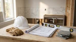 Bathroom renovation worksite with contractor tools, construction blueprint, hard hat, level, work gloves, and tile samples ready for remodeling