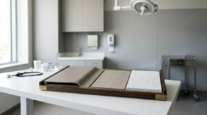Material sample board with solid surface, wood, and countertop finishes displayed in a modern dental treatment room