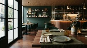 Modern restaurant interior with dark green walls, wooden finishes, elegant table settings, and a stylish bar creating a warm dining atmosphere