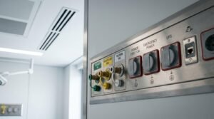 Hospital treatment room with a medical service panel featuring oxygen, medical air, vacuum, electrical outlets, emergency power, UPS, and data connections, highlighting the specialised infrastructure required for healthcare facility fit-outs