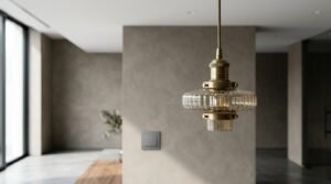 Modern designer pendant light fixture installed in a contemporary commercial interior with premium architectural finishes