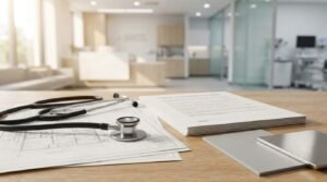 Stethoscope on architectural blueprints and project documents in a modern veterinary clinic reception area