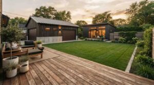 Modern backyard with wooden deck, detached garage, lush green lawn, and contemporary guest house at sunset