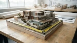 Modern architectural house scale model with measuring tape on a designer's workspace