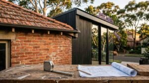 Tape measure and architectural blueprints on a workbench beside a modern home extension and an existing brick house