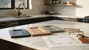 Kitchen cabinet door samples in black, natural wood, and sage green alongside brass handles and floor plan blueprints on a marble island counter