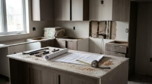 Unfinished kitchen renovation site with blueprints, hand tools, sawdust, and tape measure on a central island workbench