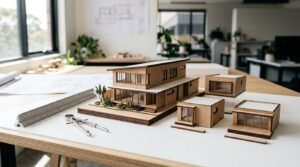 Architectural home extension models with blueprints and drafting tools on a professional architect’s design table