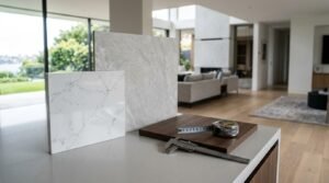 Quartz and stone slab samples with measuring tools displayed on a modern kitchen island during a luxury home renovation