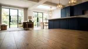 Modern open-plan kitchen and living area with oak hardwood flooring and large black-framed windows
