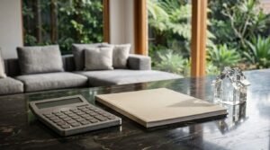 Home renovation budgeting workspace with a calculator, renovation project binder, and house model on a modern kitchen countertop